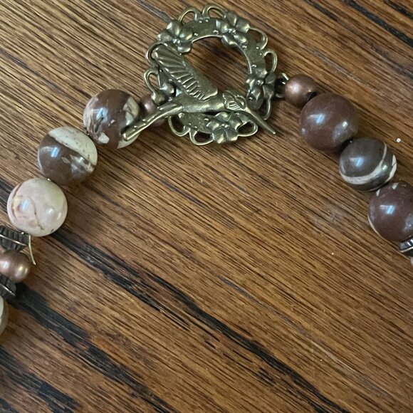Handcrafted Brown (plum tint) & Cream Jasper Beaded Necklace with Horse Pendant - Picture 9 of 9